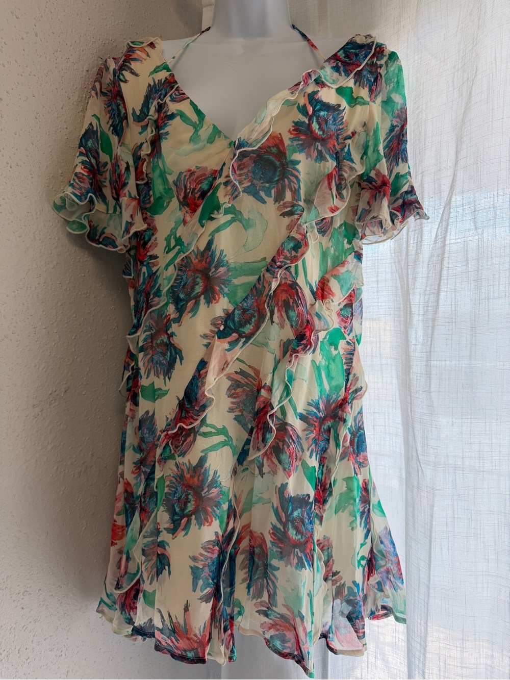 Anthropologie Floral Ruffle V-Neck Tunic - Cream with Green & Blue Floral